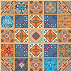Papier Peint photo Lavable Tuiles marocaines Modèle sans couture avec des carreaux portugais de style talavera. Azulejo, ornements marocains, mexicains.
