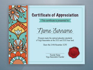 Cyan Mandala Bordered Certificate of Appreciation Template Design for Yoga class. Vector illustration