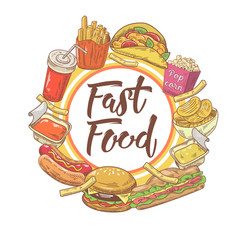 Fast Food Hand Drawn Design with Sandwich, Fries and Soda. Unhealthy Eating. Vector illustration