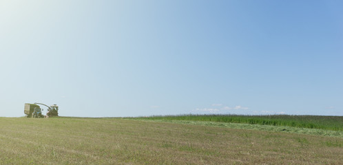 Combine harvesting a green field and unloads wheat for Silage onto a trailer truck.