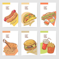 Fresh Fast Food Hand Drawn Cards Brochure Menu with Burger, Sandwich and Fries. Food and Drink. Vector illustration
