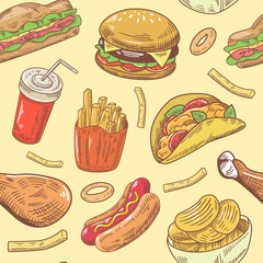 Fast Food Hand Drawn Seamless Pattern with Burger, Chicken and Fries. Vector background