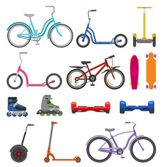 Alternative city wheel transport and urban circle wheeling personal bike transportation gadgets electric scooters vector illustration. © creativeteam