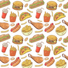 Fast Food Hand Drawn Seamless Pattern with Burger, Drink and Fries. Vector background