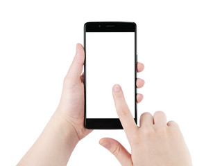 female teen hand using smartphone with blank screen isolated on white