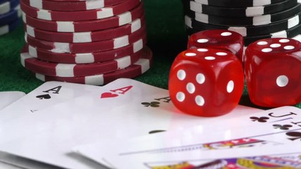 Gambling Red Dice Poker Cards and Money Chips