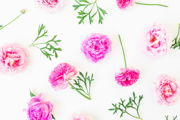 Floral pattern of beautiful pink rose flowers and peonies on white background. Flat lay, top view.