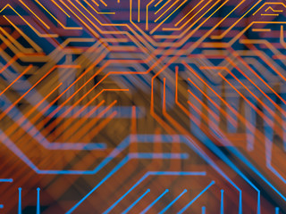 Circuit board futuristic server code processing. Orange, blue technology background with bokeh. 3d Illustration