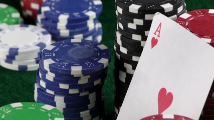 Gambling Red Dice Poker Cards and Money Chips