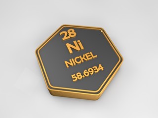 Nickel - Ni - chemical element periodic table hexagonal shape 3d render