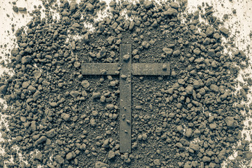 Wood cross or religion symbol shape over wood  background for God, Christ, Christianity, religious, faith, holy, spiritual, Jesus, belief or resurrection, dust as christian religion, 