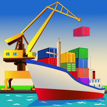 Cargo ship with crane and containers in the port. Vector