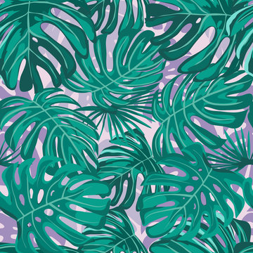 Seamless pattern with exotic tropical leaves. Decorative vector background.