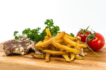 juicy steak beef meat with tomato and french fries