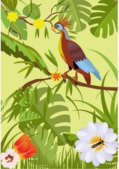 Jungle vector illustration, tropical vector bird and plants and flowers