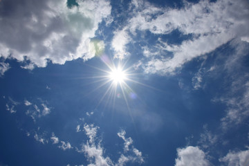 眩しい太陽と青空と雲「空想・雲のモンスター（太陽をつかもうとして、熱で手がとけ出したモンスター）」熱、熱い、熱中症、紫外線、日射病などのイメージ