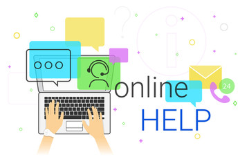 Online help and online support on laptop creative concept vector illustration. Human hands typing on laptop keyboard for chatbot assistance and emergency 24 support. Creative costumer helpdesk banner - obrazy, fototapety, plakaty