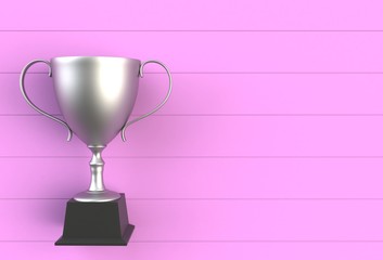 Trophy on pink wooden board, 3D rendering