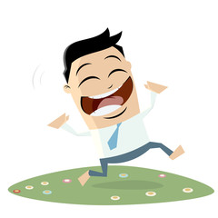 happy businessman running across a flower meadow