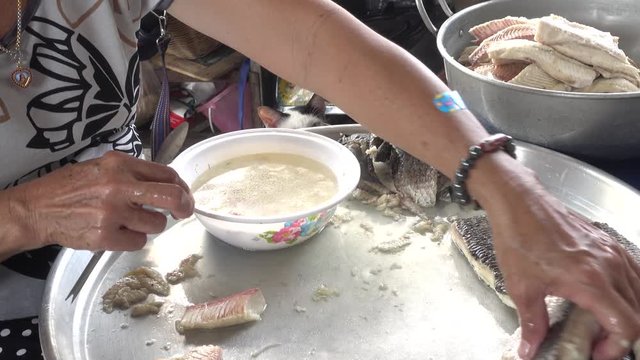 4K Preparation step thaii food striped snakehead fish Boiled fish fillet 
