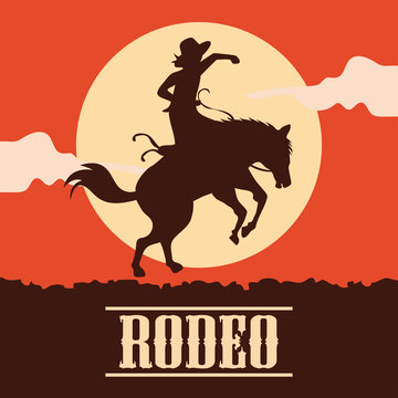 rodeo poster with cowgirl silhouette riding on wild horse and bull. vector illustration