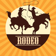 rodeo poster with cowboy and cowgirl silhouette riding on wild horse and bull. vector illustration