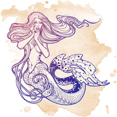 Obraz premium Beautiful mermaid girl sitting hand drawn artwork. Sensual and dangerous ocean siren in retro style. Sea, fantasy, spirituality, mythology, tattoo art, coloring books. Isolated vector illustration.