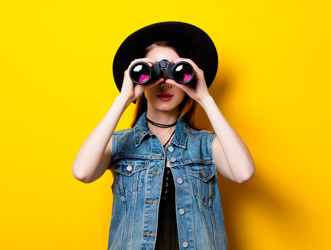 Woman In Hat With Binocular