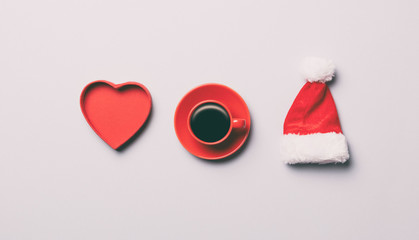 offee and Santa Claus hat with heart shape