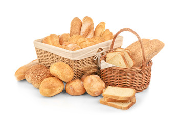 Beautiful composition with wicker baskets and different bread