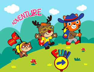 tiger, deer and cat adventure. cute vector cartoon illustration