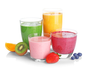 Fruit smoothies with kiwi, blueberry, orange, strawberry flavors on white background