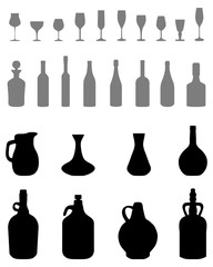 Fototapeta premium Silhouettes of bowls, bottles, glasses on a white background