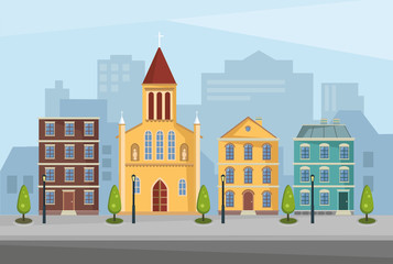 The landscape of the historic city. Vector illustration.