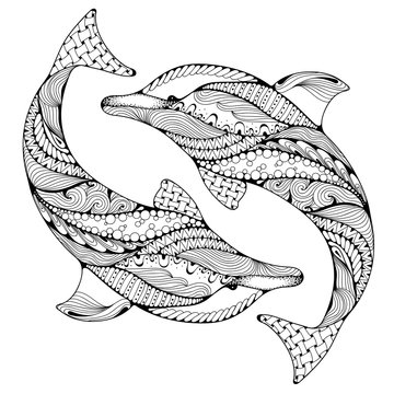 Stylized ocean dolphin animal. Freehand sketch for adult anti stress coloring book page with doodle and zentangle elements. Ornamental pattern for relax and meditation