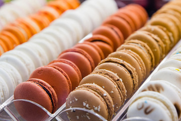 Lines of colorful  macaroons in intalian shop