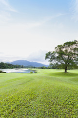  Golf course green grass field  and lagoon.