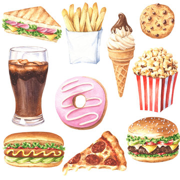 Set of hand drawn delicious fast food meal, realistic illustration isolated on white background.