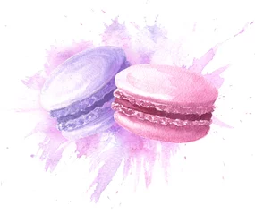 Fototapeten Watercolor hand drawn macaron french cakes with stain splash, colorful dessert pastry. Food illustration isolated on white background. © Ann Lou