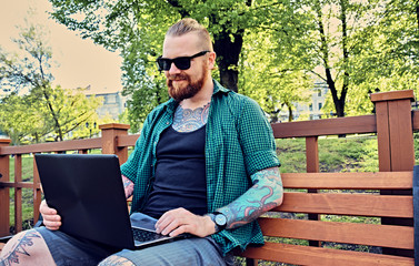 Redhead bearded hipster male using laptop in a park.