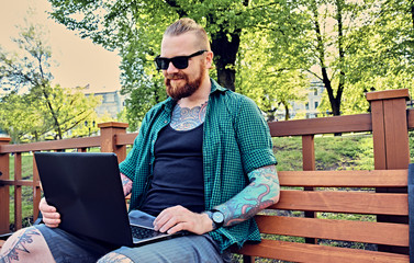 Fototapeta premium Redhead bearded hipster male using laptop in a park.