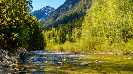 Cayoosh Creek as it flows between Duffey Lake and Seton Lake. The creek runs for the most part next to Highway 99, the Duffey Lake Road, between Pemberton and Lillooet in southern British Columbia