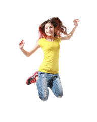 Cute jumping girl on white background