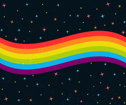 6 Colors Rainbow Wave On Dark Night Sky With Stars. Gay Pride Flag