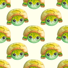 Seamless pattern with watercolor cartoon turtles
