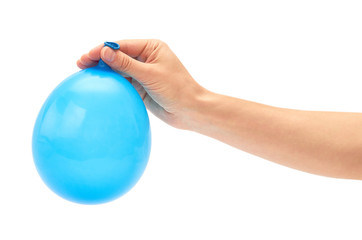 Female hand holds single blue party balloon. isolated on white background