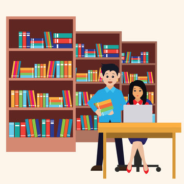 man and woman in a library, working, reading a book. vector illustration