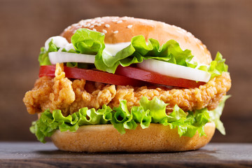 chicken burger with vegetables - obrazy, fototapety, plakaty