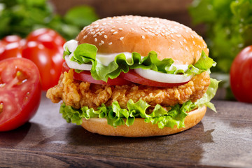 chicken burger with vegetables - obrazy, fototapety, plakaty