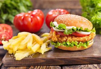 chicken burger with french fries